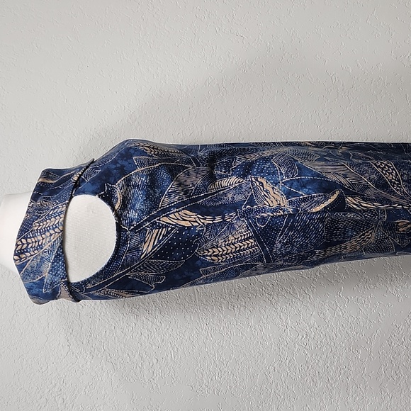 Ralph Lauren Blue w/Tan Floral & Tribal Design Scarf Neck Bodycon Dress Sz. M - Picture 9 of 13